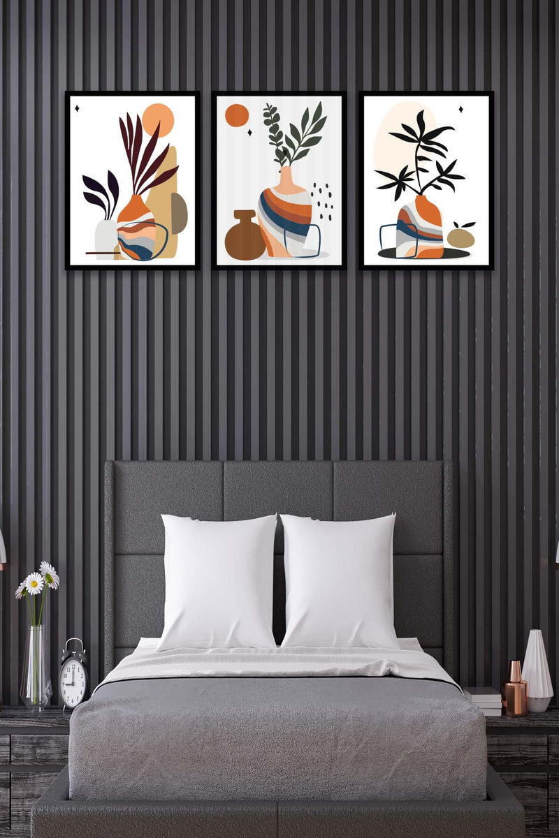 3 Parça Modern Sanatsal Tarzda (Siyah Çerçeve Görünümlü) Uv Baskı Mdf Tablo Seti Bonvagon