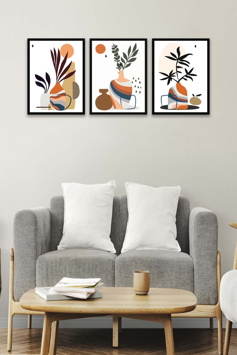 3 Parça Modern Sanatsal Tarzda (Siyah Çerçeve Görünümlü) Uv Baskı Mdf Tablo Seti Bonvagon