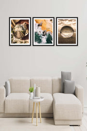 3 Parça Modern Tarzda Sanatsal Siyah Çerçeve Görünümlü Dijital Baskı Tablo Seti Bonvagon