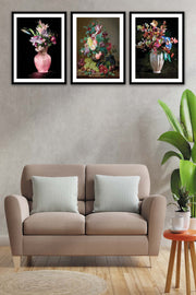 3 Parça Pastel Boya Çiçek Desenli Siyah Çerçeve Görünümlü Mdf Tablo Seti Bonvagon