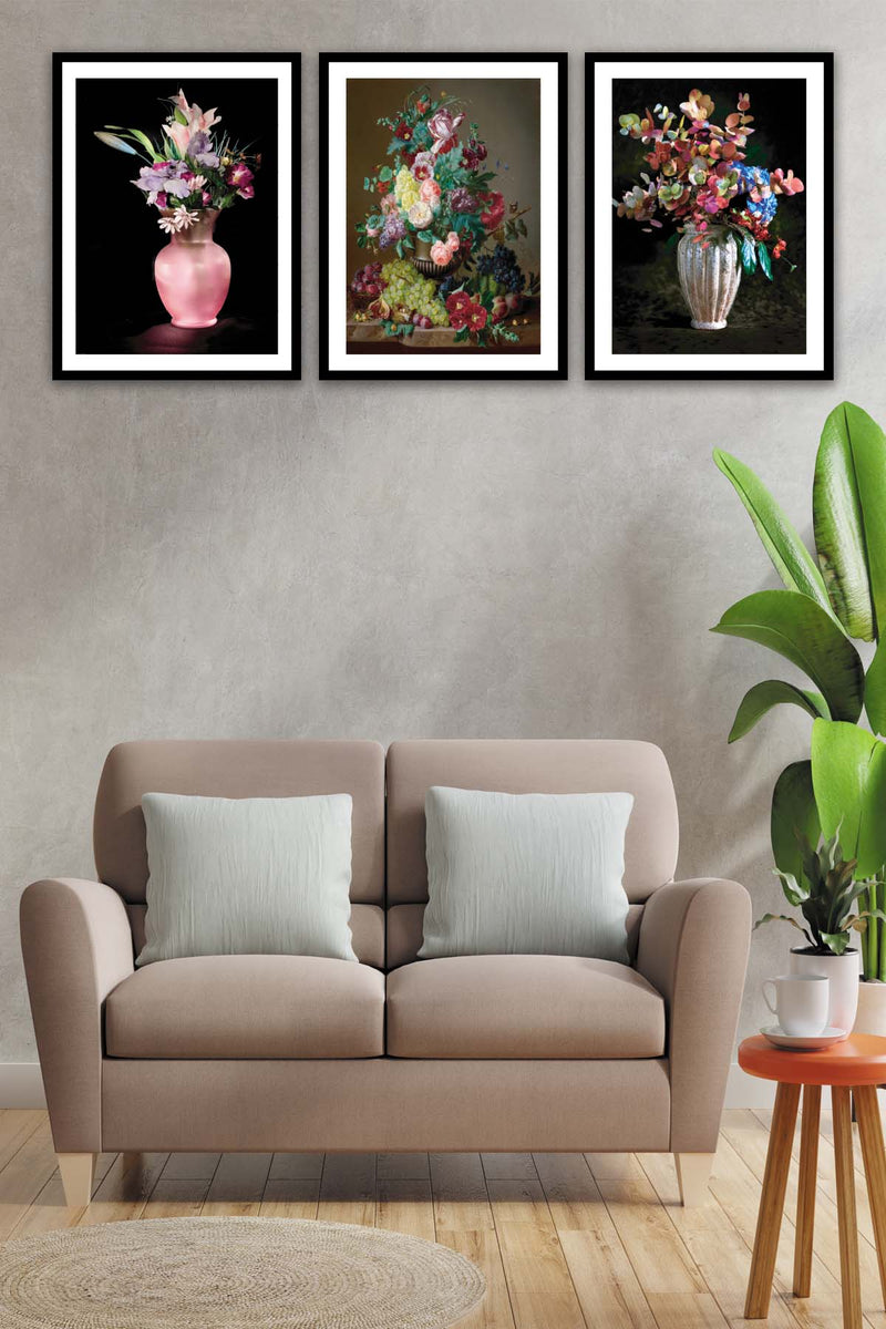 3 Parça Pastel Boya Çiçek Desenli Siyah Çerçeve Görünümlü Mdf Tablo Seti Bonvagon