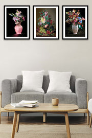 3 Parça Pastel Boya Çiçek Desenli Siyah Çerçeve Görünümlü Mdf Tablo Seti Bonvagon