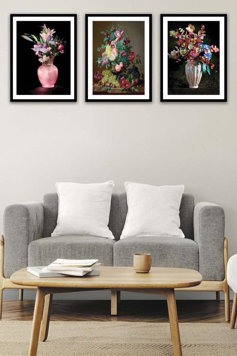 3 Parça Pastel Boya Çiçek Desenli Siyah Çerçeve Görünümlü Mdf Tablo Seti Bonvagon