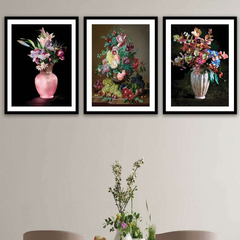 3 Parça Pastel Boya Çiçek Desenli Siyah Çerçeve Görünümlü Mdf Tablo Seti Bonvagon