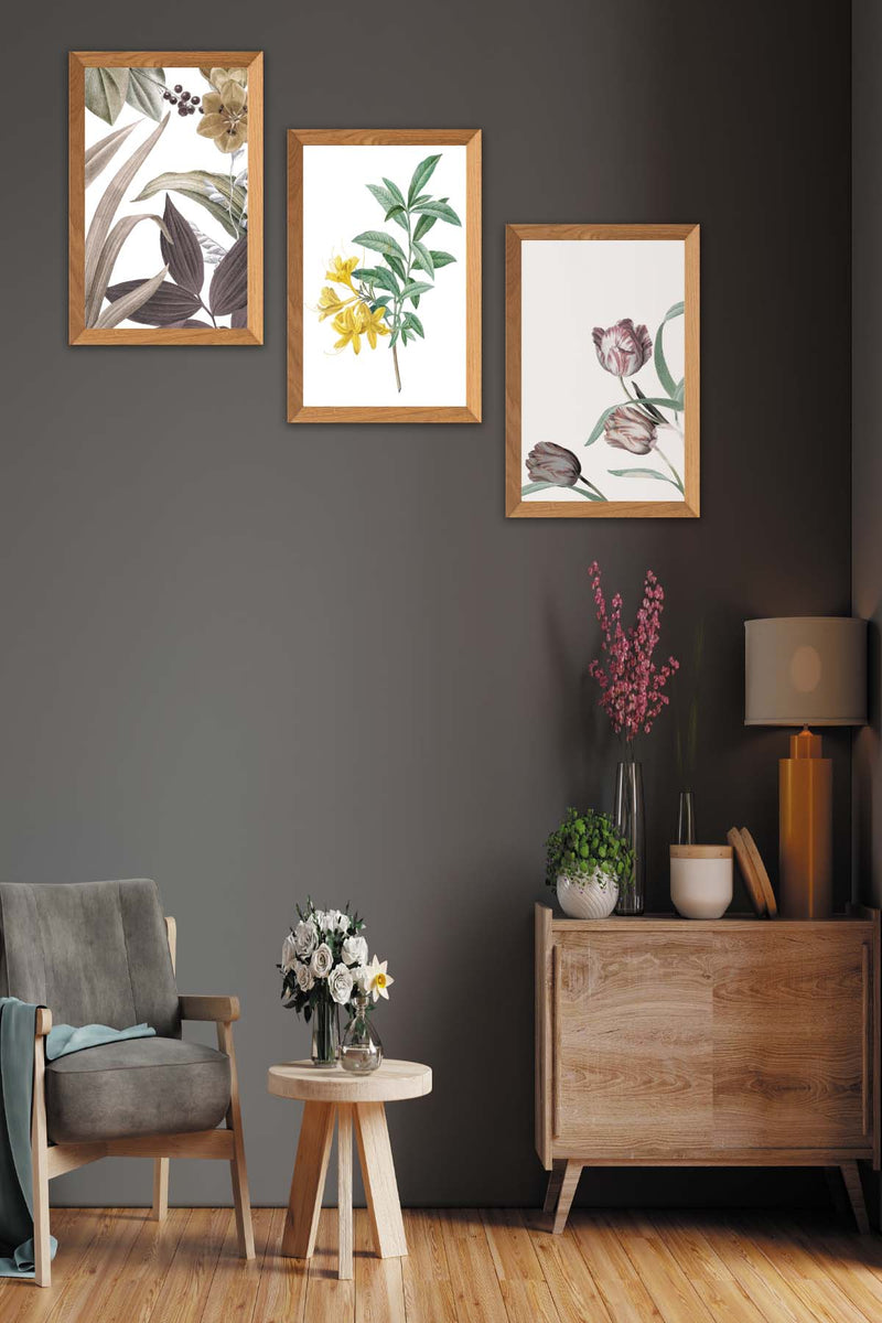 3 Parça Renkli Çiçekler Ahşap Çerçeve Görünümlü Dijital Baskı Tablo Seti Bonvagon