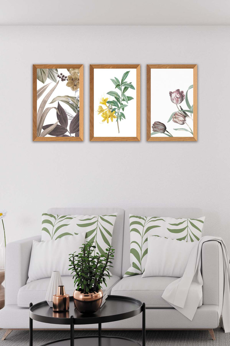 3 Parça Renkli Çiçekler Ahşap Çerçeve Görünümlü Dijital Baskı Tablo Seti Bonvagon