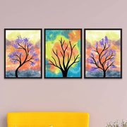 3 Parça Renkli Kuru Ağaç Tarzda Sanatsal Siyah Çerçeve Görünümlü Uv Baskı Mdf Ahşap Duvar Tablo Seti Bonvagon
