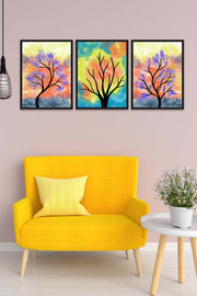 3 Parça Renkli Kuru Ağaç Tarzda Sanatsal Siyah Çerçeve Görünümlü Uv Baskı Mdf Tablo Seti Bonvagon