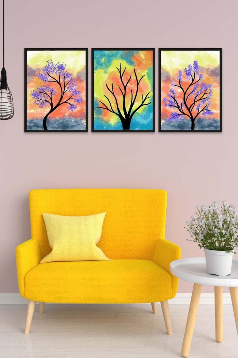 3 Parça Renkli Kuru Ağaç Tarzda Sanatsal Siyah Çerçeve Görünümlü Uv Baskı Mdf Tablo Seti Bonvagon