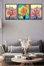 3 Parça Renkli Kuru Ağaç Tarzda Sanatsal Siyah Çerçeve Görünümlü Uv Baskı Mdf Tablo Seti Bonvagon