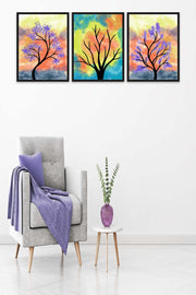 3 Parça Renkli Kuru Ağaç Tarzda Sanatsal Siyah Çerçeve Görünümlü Uv Baskı Mdf Tablo Seti Bonvagon