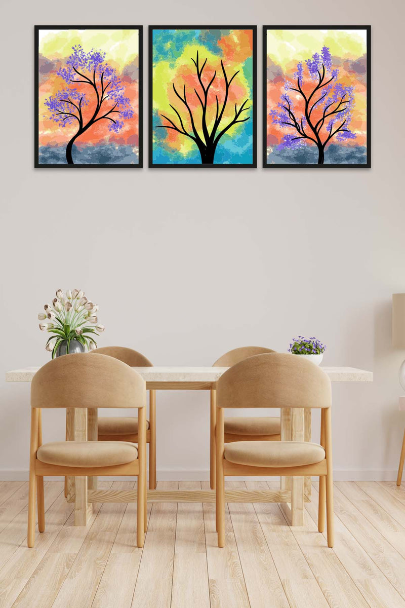 3 Parça Renkli Kuru Ağaç Tarzda Sanatsal Siyah Çerçeve Görünümlü Uv Baskı Mdf Tablo Seti Bonvagon