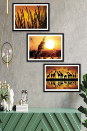 3 Parça Sanatsal Günbatımı Manzara Tarzında Siyah Çerçeve Görünümlü Mdf Tablo Seti Bonvagon