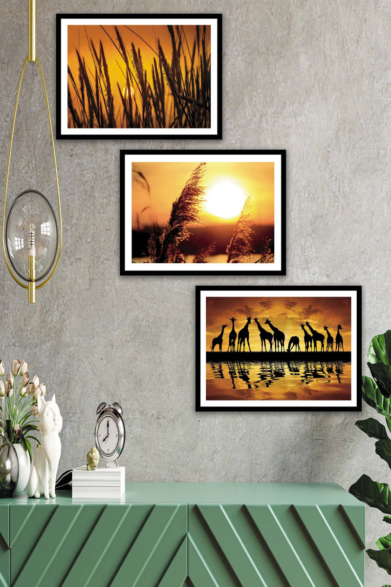 3 Parça Sanatsal Günbatımı Manzara Tarzında Siyah Çerçeve Görünümlü Mdf Tablo Seti Bonvagon