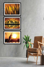 3 Parça Sanatsal Günbatımı Manzara Tarzında Siyah Çerçeve Görünümlü Mdf Tablo Seti Bonvagon