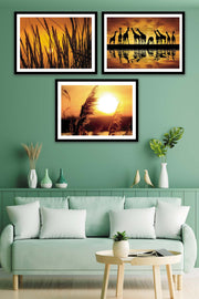3 Parça Sanatsal Günbatımı Manzara Tarzında Siyah Çerçeve Görünümlü Mdf Tablo Seti Bonvagon