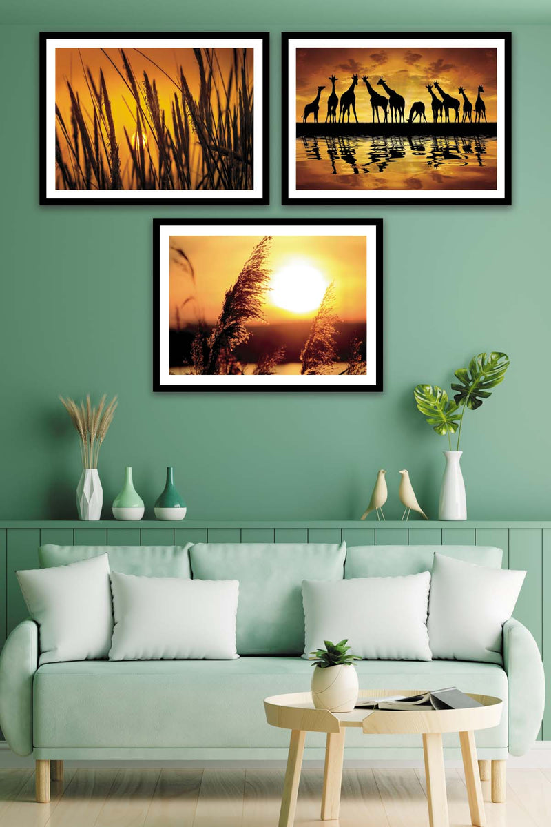3 Parça Sanatsal Günbatımı Manzara Tarzında Siyah Çerçeve Görünümlü Mdf Tablo Seti Bonvagon