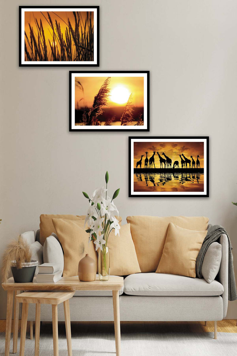 3 Parça Sanatsal Günbatımı Manzara Tarzında Siyah Çerçeve Görünümlü Mdf Tablo Seti Bonvagon