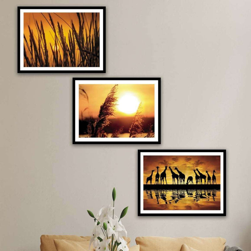 3 Parça Sanatsal Günbatımı Manzara Tarzında Siyah Çerçeve Görünümlü Mdf Tablo Seti Bonvagon