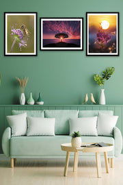 3 Parça Sanatsal Manzara Tarzında Siyah Çerçeve Görünümlü Mdf Tablo Seti Bonvagon