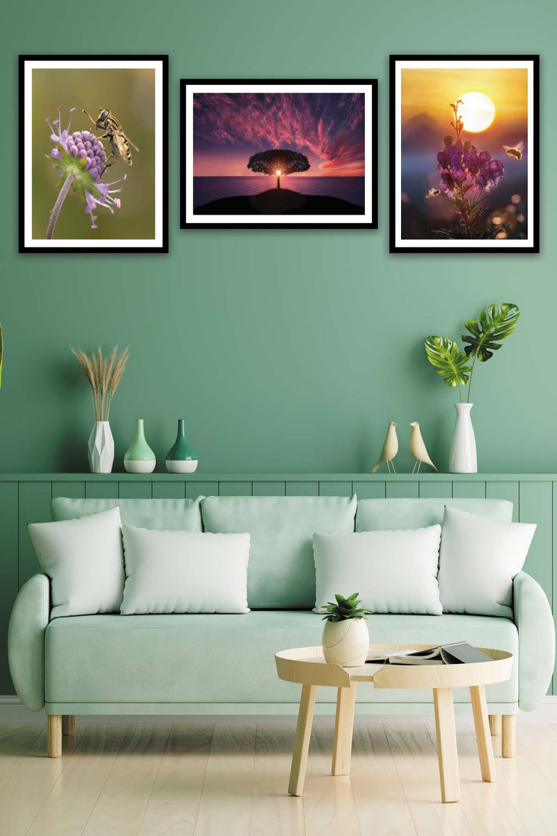 3 Parça Sanatsal Manzara Tarzında Siyah Çerçeve Görünümlü Mdf Tablo Seti Bonvagon