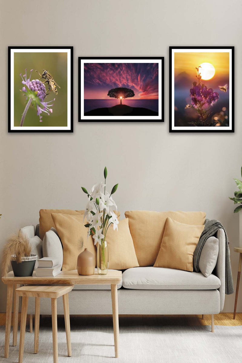 3 Parça Sanatsal Manzara Tarzında Siyah Çerçeve Görünümlü Mdf Tablo Seti Bonvagon