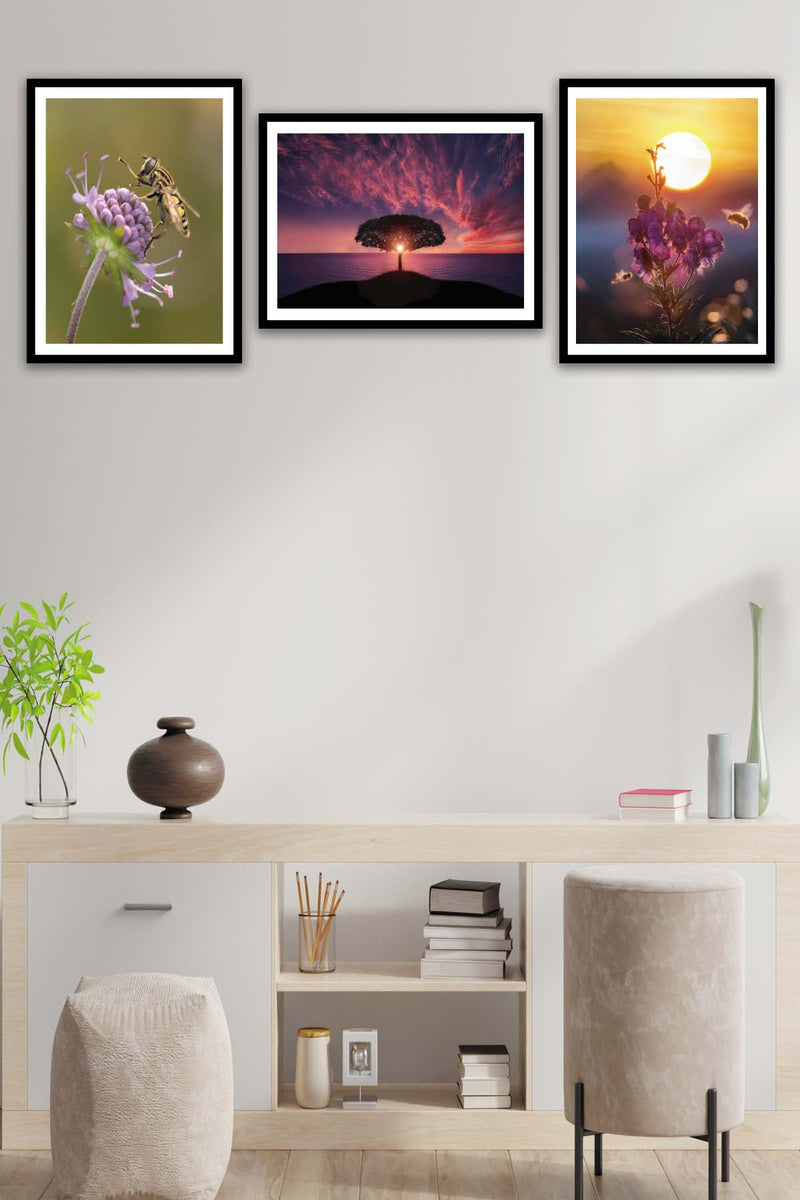 3 Parça Sanatsal Manzara Tarzında Siyah Çerçeve Görünümlü Mdf Tablo Seti Bonvagon