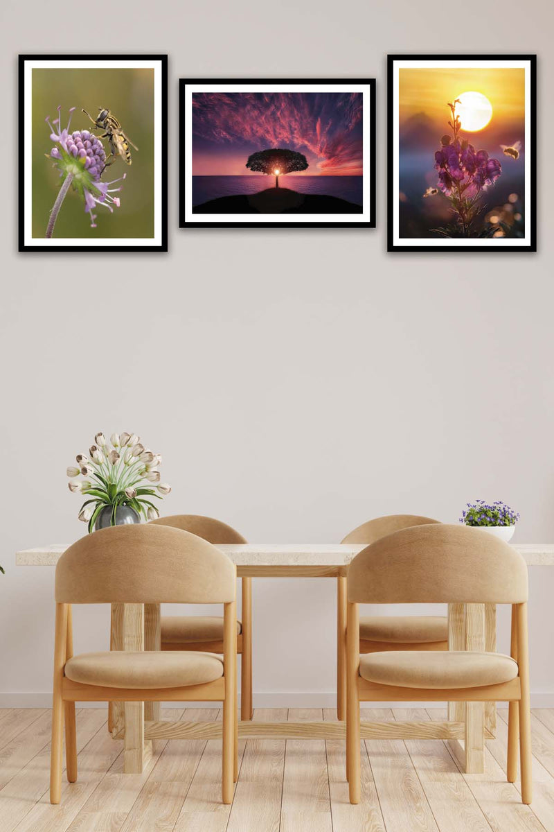 3 Parça Sanatsal Manzara Tarzında Siyah Çerçeve Görünümlü Mdf Tablo Seti Bonvagon