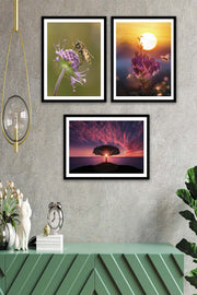 3 Parça Sanatsal Manzara Tarzında Siyah Çerçeve Görünümlü Mdf Tablo Seti Bonvagon