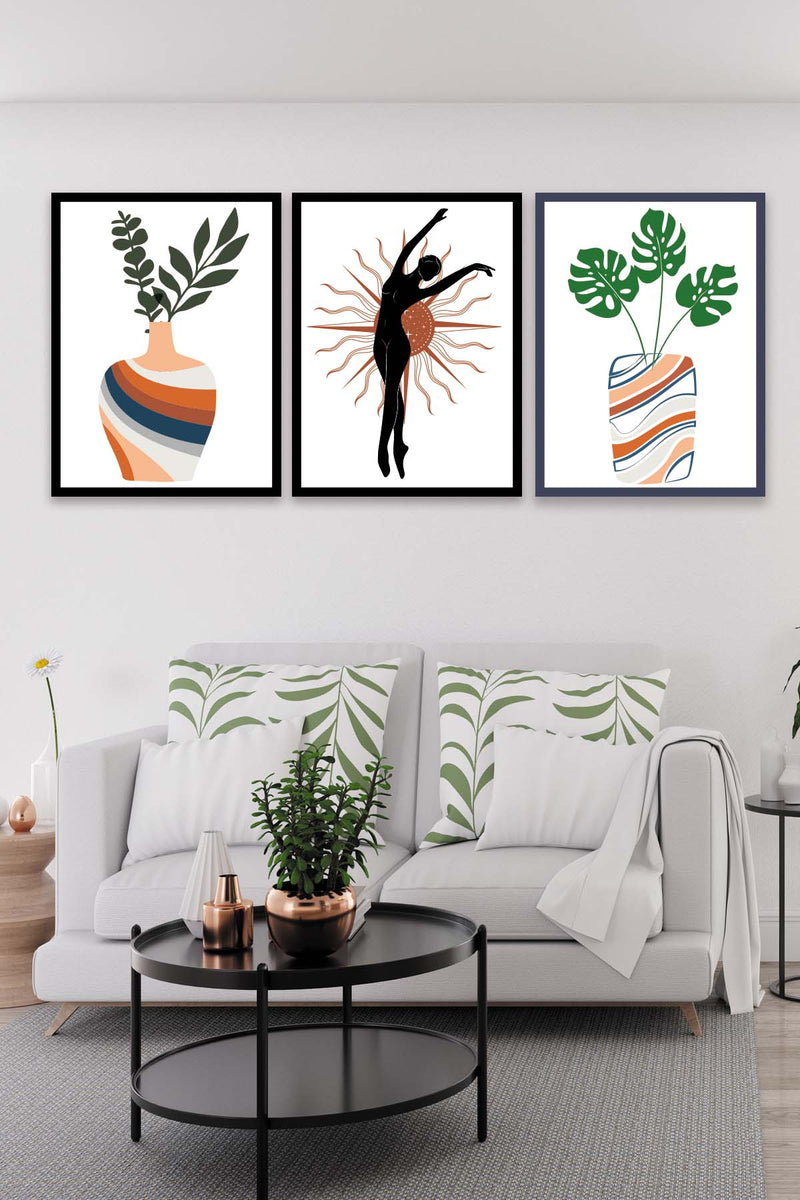 3 Parça Sanatsal Siyah Çerçeve Görünümlü Uv Baskı Ahşap Tablo Seti Bonvagon