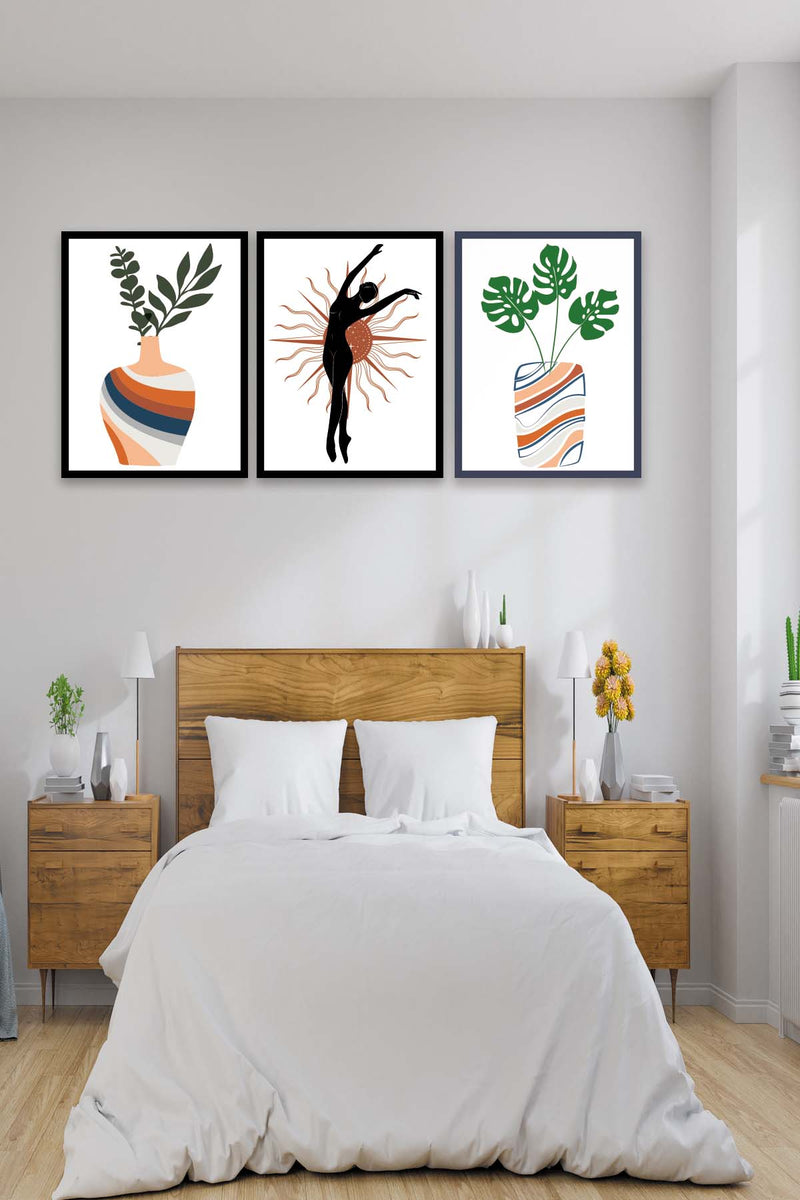 3 Parça Sanatsal Siyah Çerçeve Görünümlü Uv Baskı Ahşap Tablo Seti Bonvagon