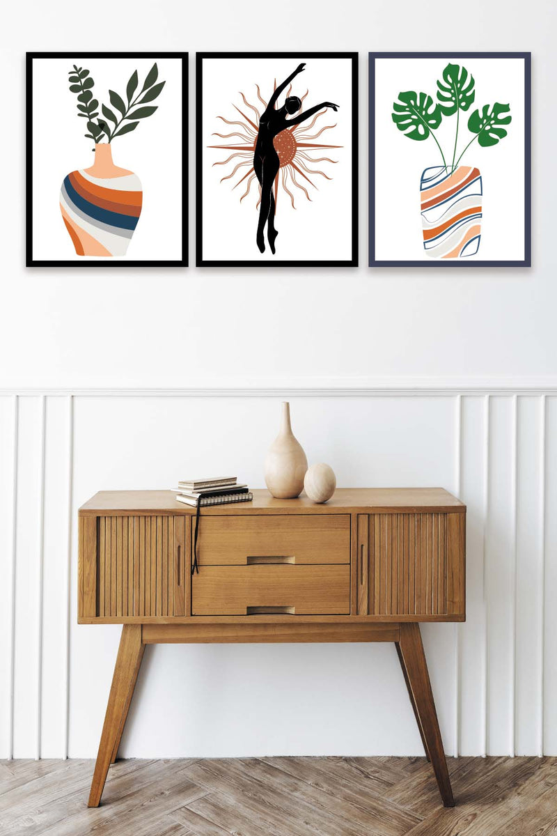 3 Parça Sanatsal Siyah Çerçeve Görünümlü Uv Baskı Ahşap Tablo Seti Bonvagon