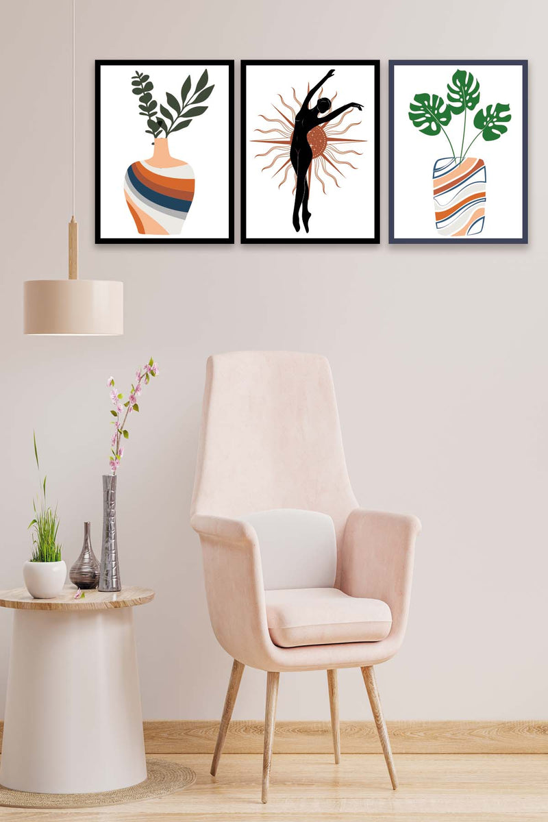 3 Parça Sanatsal Siyah Çerçeve Görünümlü Uv Baskı Ahşap Tablo Seti Bonvagon