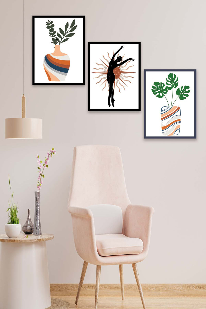 3 Parça Sanatsal Siyah Çerçeve Görünümlü Uv Baskı Ahşap Tablo Seti Bonvagon