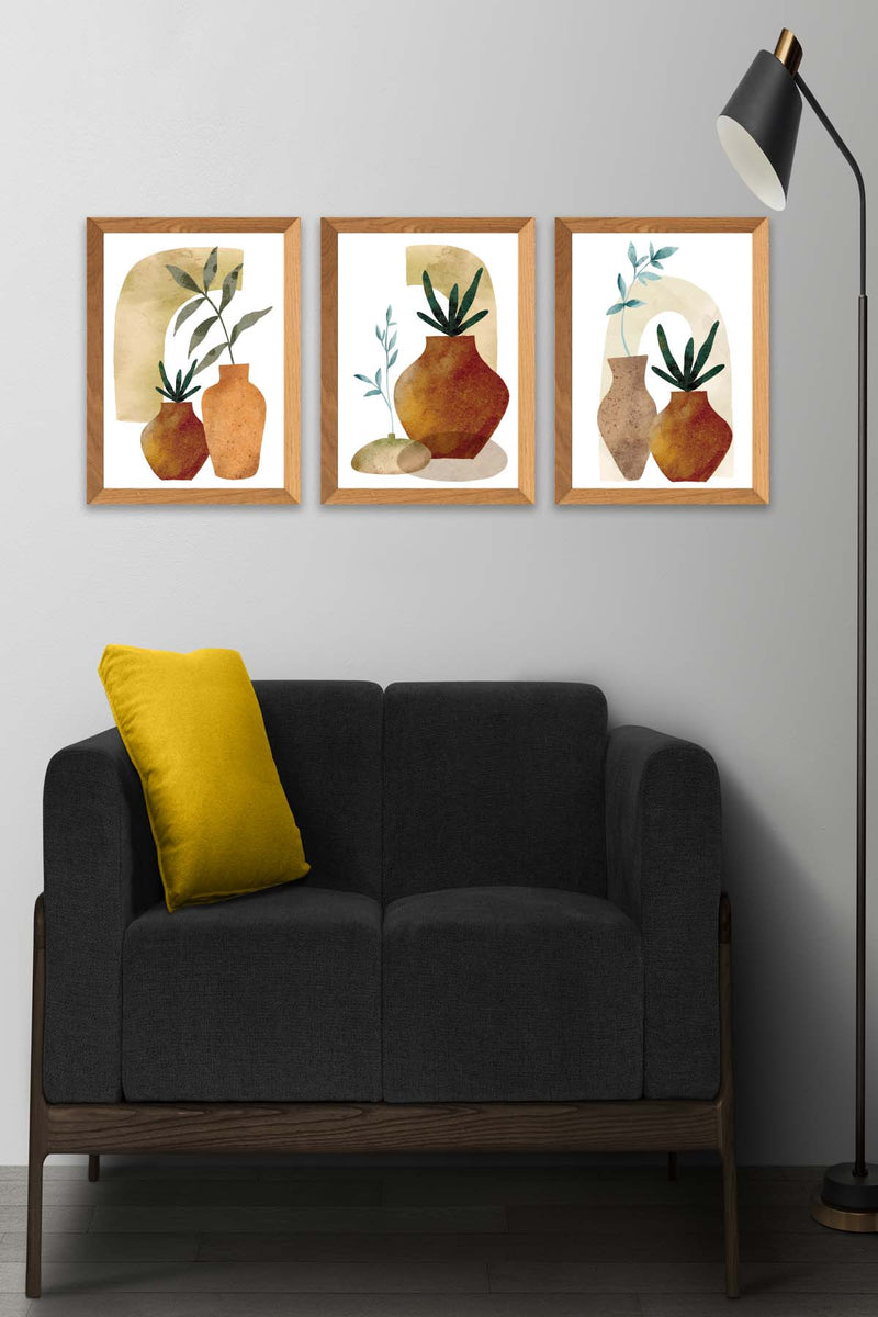 3 Parça Sanatsal Suluboya Bohem Tarzda (Ahşap Çerçeve Görünümlü) Uv Baskı Mdf Tablo Seti Bonvagon