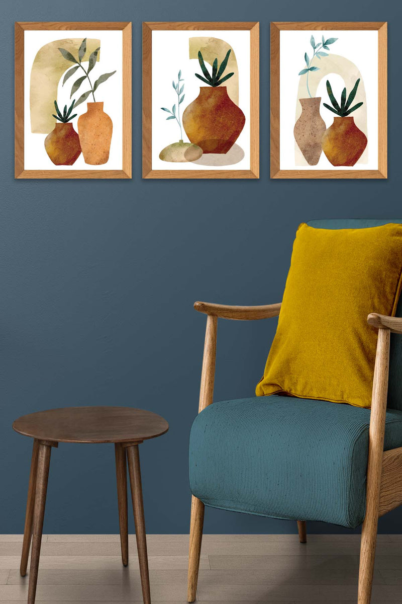 3 Parça Sanatsal Suluboya Bohem Tarzda (Ahşap Çerçeve Görünümlü) Uv Baskı Mdf Tablo Seti Bonvagon