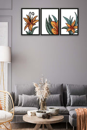 3 Parça Turuncu Yapraklı Çiçek Tarzda Sanatsal Siyah Çerçeve Görünümlü Uv Baskı Mdf Tablo Seti Bonvagon