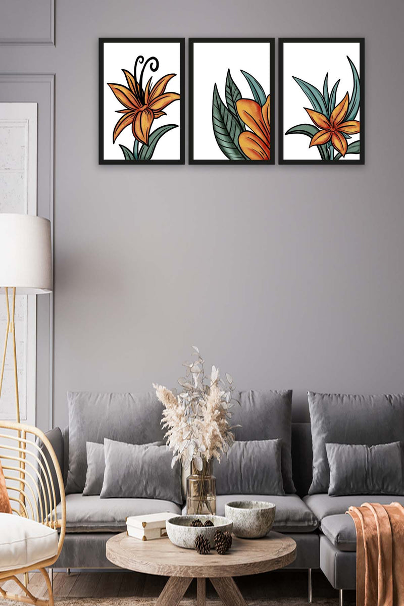 3 Parça Turuncu Yapraklı Çiçek Tarzda Sanatsal Siyah Çerçeve Görünümlü Uv Baskı Mdf Tablo Seti Bonvagon