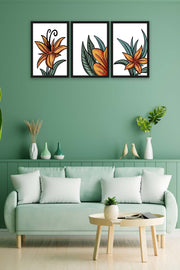 3 Parça Turuncu Yapraklı Çiçek Tarzda Sanatsal Siyah Çerçeve Görünümlü Uv Baskı Mdf Tablo Seti Bonvagon