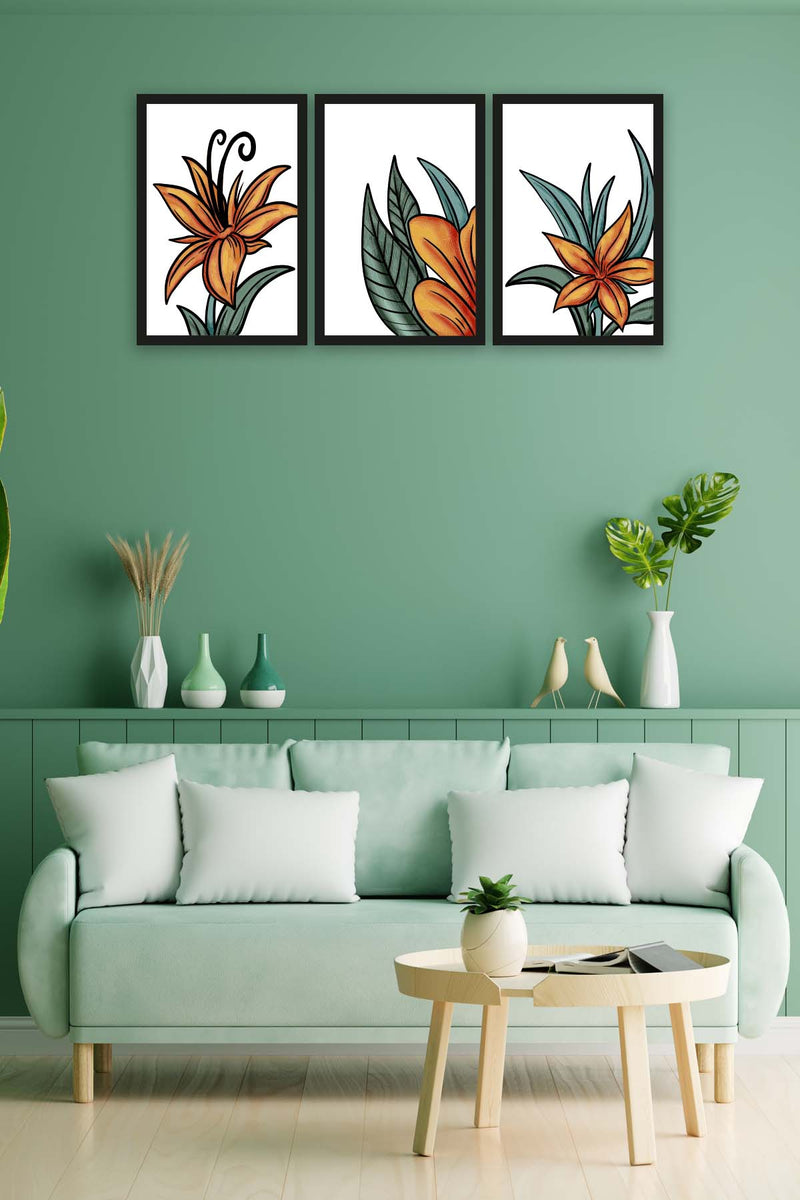 3 Parça Turuncu Yapraklı Çiçek Tarzda Sanatsal Siyah Çerçeve Görünümlü Uv Baskı Mdf Tablo Seti Bonvagon