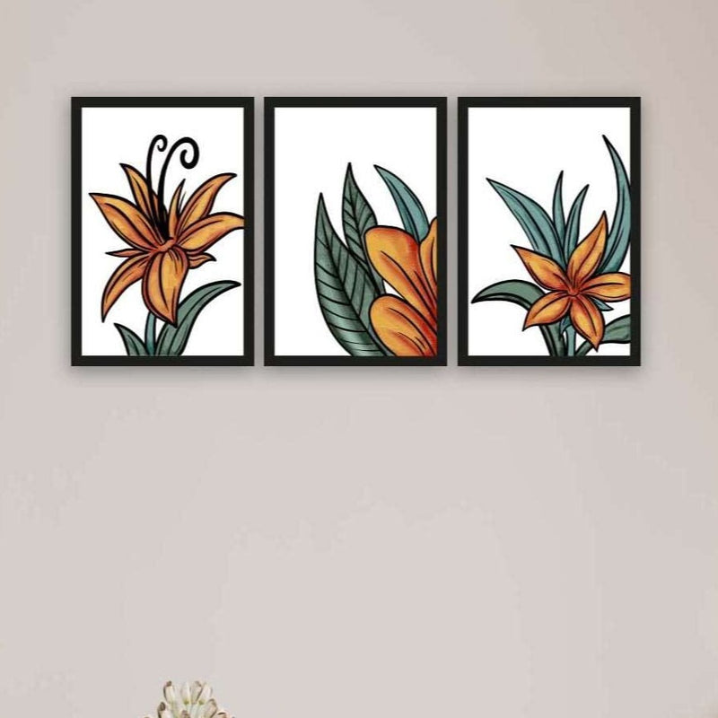 3 Parça Turuncu Yapraklı Çiçek Tarzda Sanatsal Siyah Çerçeve Görünümlü Uv Baskı Mdf Tablo Seti Bonvagon