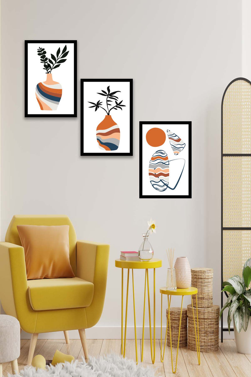 3 Parça Vazo Bohem Tarzında Siyah Çerçeve Görünümlü Dijital Baskı Tablo Seti Bonvagon