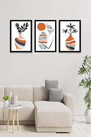 3 Parça Vazo Bohem Tarzında Siyah Çerçeve Görünümlü Dijital Baskı Tablo Seti Bonvagon