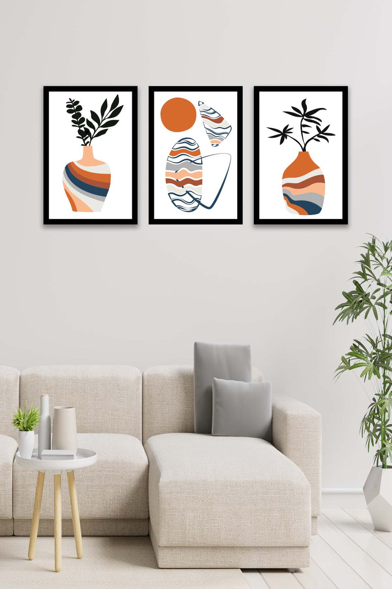 3 Parça Vazo Bohem Tarzında Siyah Çerçeve Görünümlü Dijital Baskı Tablo Seti Bonvagon