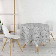 3D Cube Desenli Dijital Baskılı Modern Leke Tutmaz Yuvarlak Masa Örtüsü