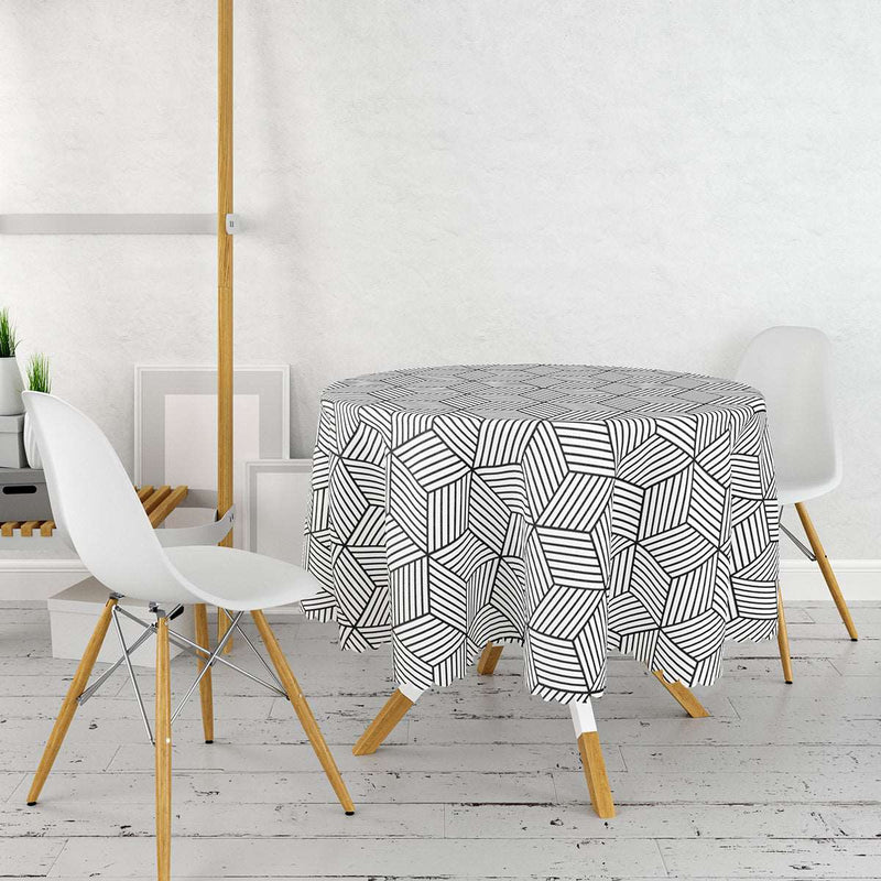 3D Cube Desenli Dijital Baskılı Modern Leke Tutmaz Yuvarlak Masa Örtüsü