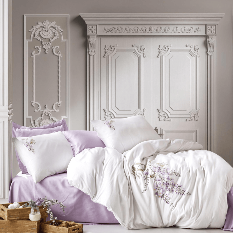 3D Nakışlı Çift Kişilik Saten Nevresim Takımı Mita Lila Bonvagon