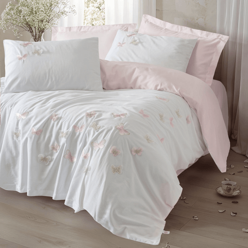 3D Nakışlı Saten Çift Kişilik Nevresim Takımı Charming Pudra 4 Adet Yastık Kılıfı