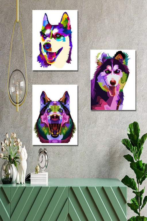 3lü Kurt Köpeği Renkli Tasarım Tablo Seti Bonvagon