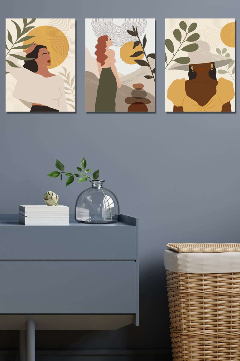 3lü Sanatsal Kadın Portre Ahşap Tablo Seti Bonvagon